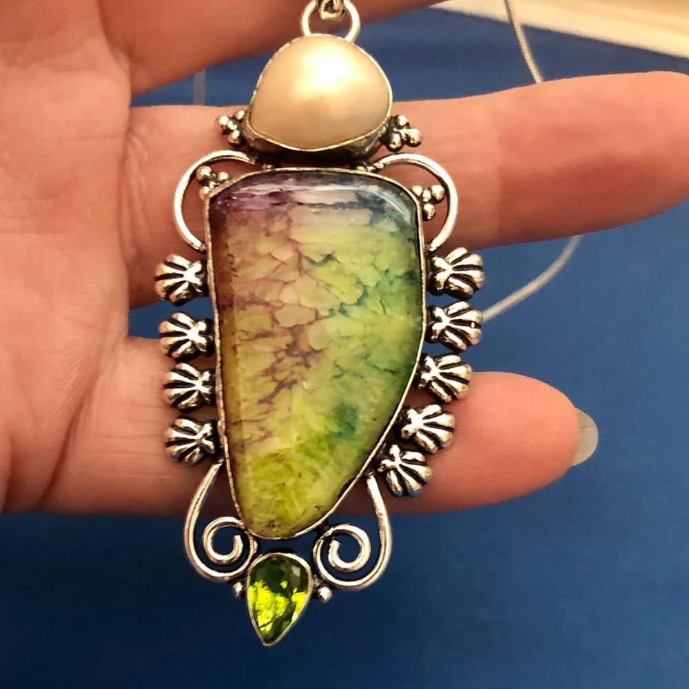 Rainbow Solar Quartz With a Real White Pearl Necklace.